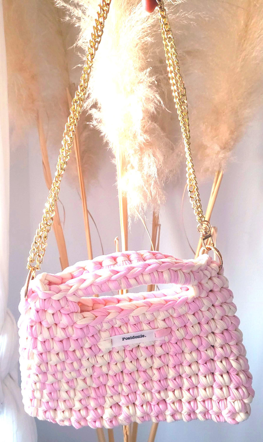 Célestine | Sac au crochet Guimauve rose & blanc