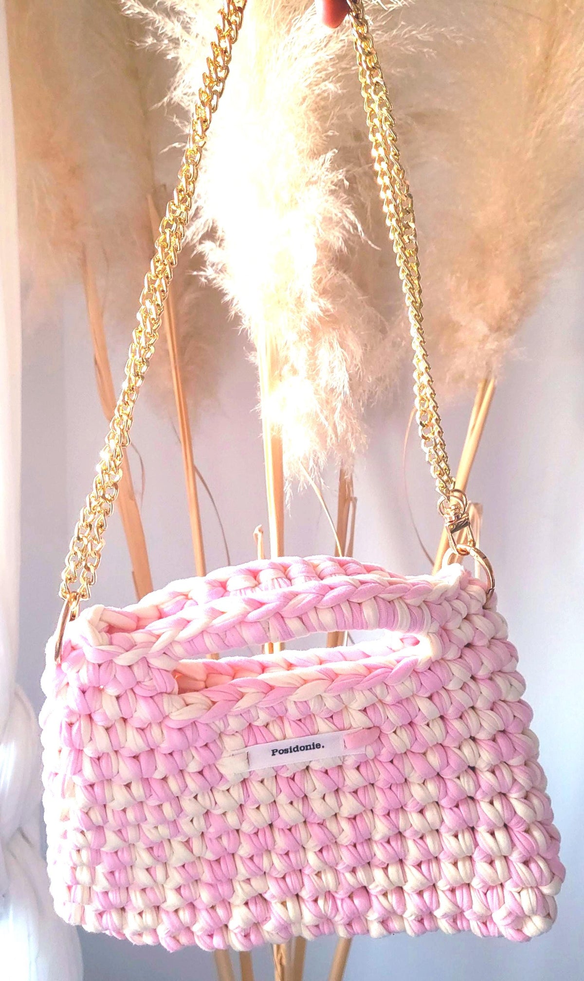 Célestine | Sac au crochet Guimauve rose & blanc